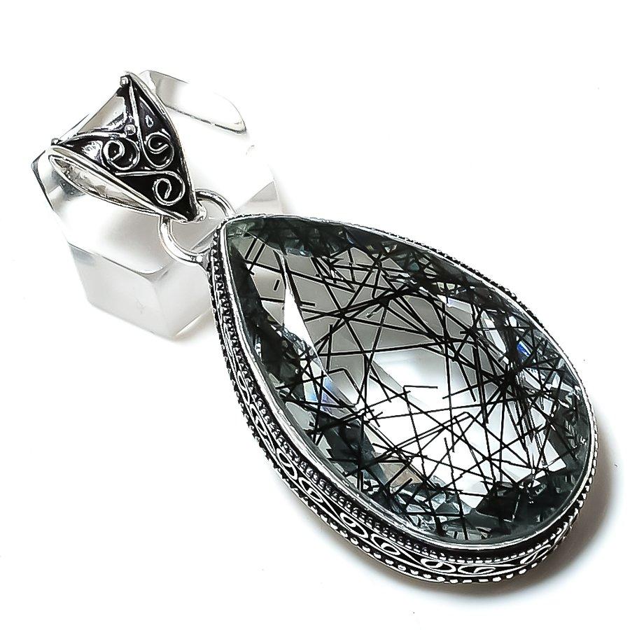 Подвеска из стерлингового серебра 925 пробы с натуральным черным рутилом ручной работы 2,29 дюйма K3j65