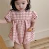Летний комбинезон в клетку для маленьких девочек с тонкими пышными рукавами, свободный хлопковый повседневный комбинезон для новорожденных девочек, комбинезон для младенцев, детская одежда