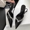 Fashion High Quality Patent Leather Rhinestone High Heels Women Sexy Pointed Toe Slingback Heeled Sandals Elegant Banquet Dress Shoes