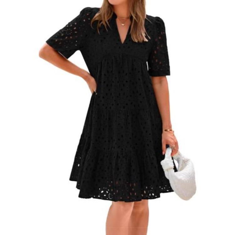 Summer Women's Flowy V-Neck Sundress Casual Hollow Out Midi Dress A-Line Tiered Eyelet Short Sleeve Beach Dress