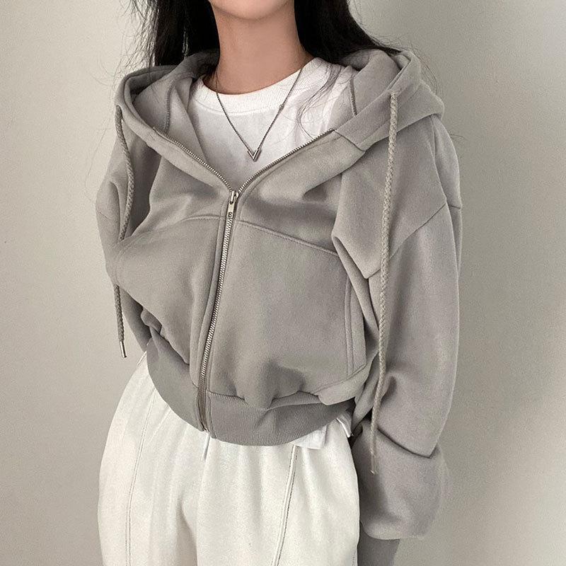 Casual Hood Sweatshirt Women Zip Up Hoodies Solid Harajuku Long Sleeve Shirt Oversized Crop Tops Female Loose Jackets Coat