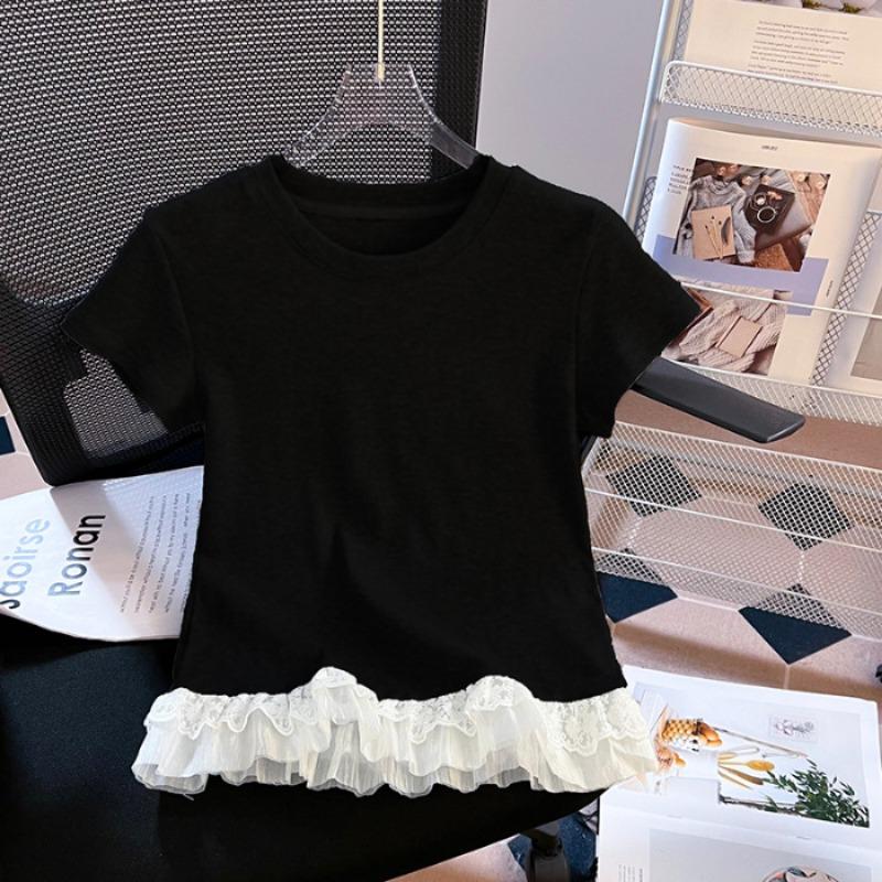 Женская кружевная футболка с короткими рукавами, летняя, облегающая, с базовой рубашкой, топ в стиле пэчворк