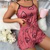 Женский пижамный комплект из 2 шт./компл., с круглым вырезом, без рукавов, с сердечным принтом, на бретелях, эластичный топ с высокой талией и гофрированными краями, шорты свободного покроя, домашняя одежда, жилет, шорты, комплект