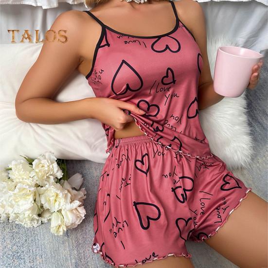 Женский пижамный комплект из 2 шт./компл., с круглым вырезом, без рукавов, с сердечным принтом, на бретелях, эластичный топ с высокой талией и гофрированными краями, шорты свободного покроя, домашняя одежда, жилет, шорты, комплект