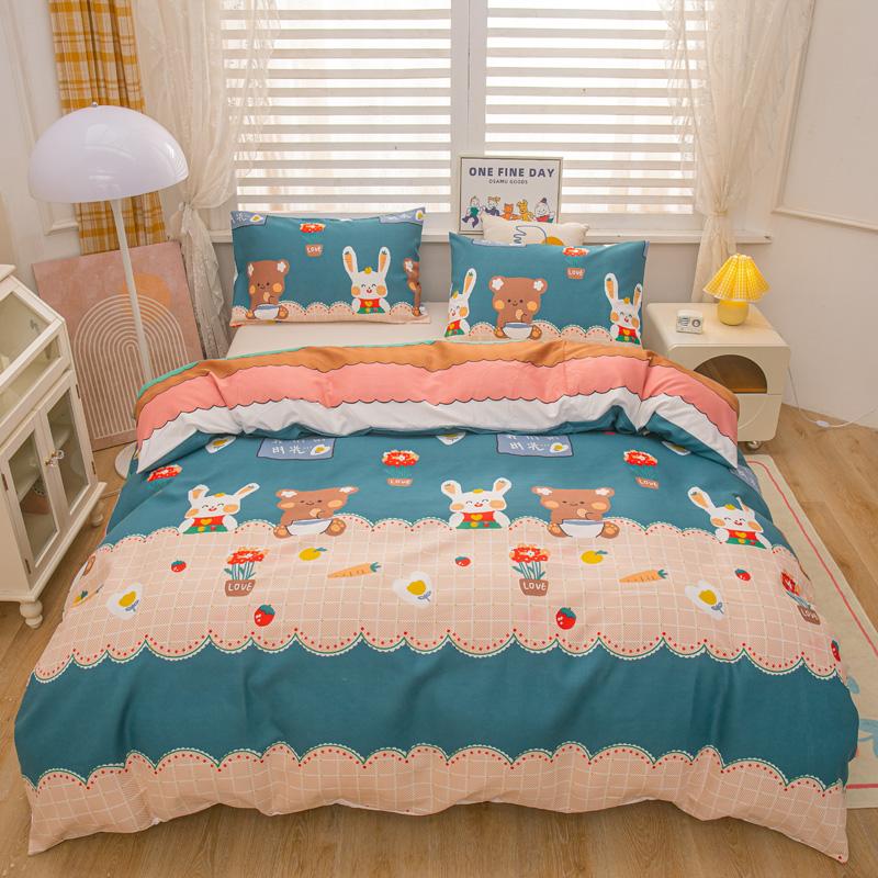 Cartoon Animal Rabbit Bear Duvet Cover Girls Strawberry Floral Bedding Set Reversible Kawaii Comforter Cover With 2 Pillowcase