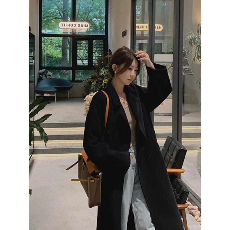 Womens Oversized Knee-Length Wool Blend Coat In Oatmeal Color Fall Winter Lightweight Chic Outerwear