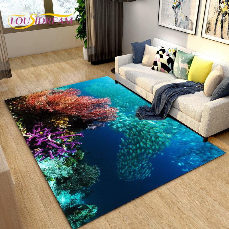Подводный мир Морское дно Рыба Дельфин Коврик Большой, Коврик для гостиной Спальня Диван Коврик Кухня, Нескользящий напольный коврик