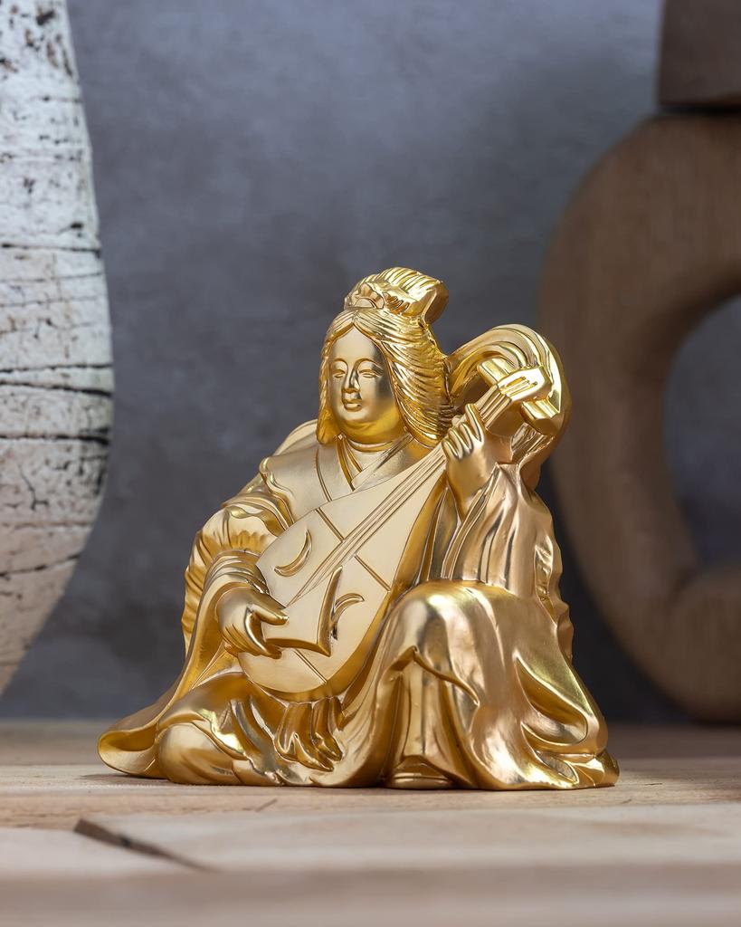 Seven Lucky Gods of Good Fortune: Benzaiten (Gold Plated/24K) Sculptor: Makita Shuuun Original Model - Buddhist Statue, Ornament, Takaoka Bronze Ware