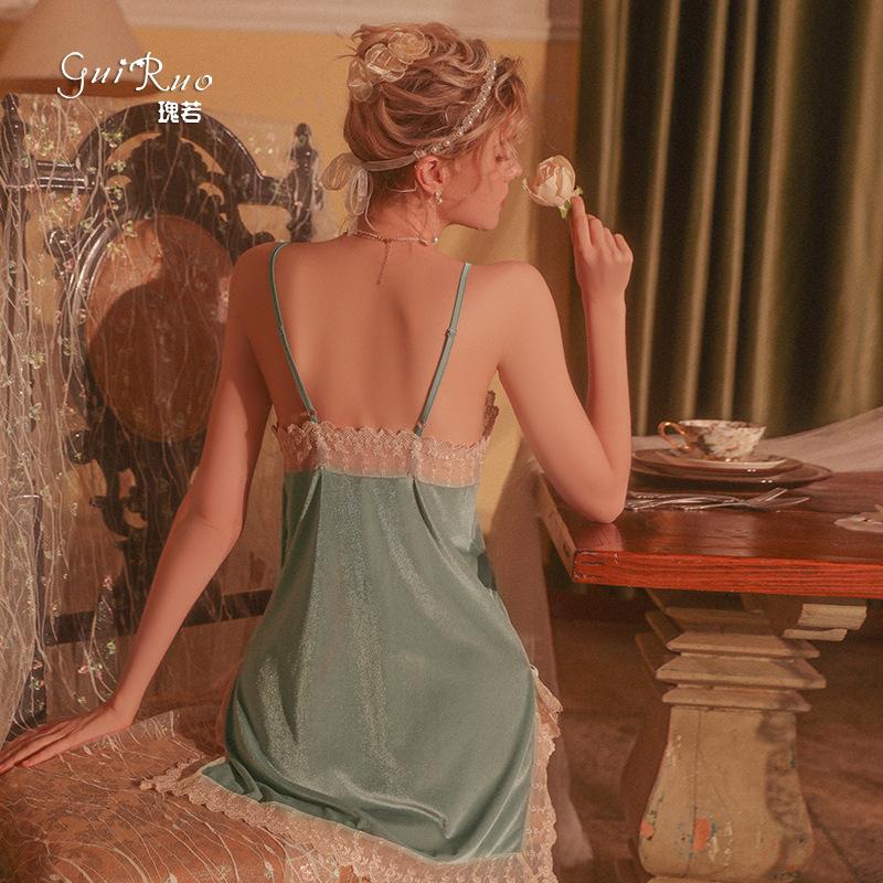Women's French Velvet Lace Side Slit Cami Sleep Dress with Robe Lounge Set