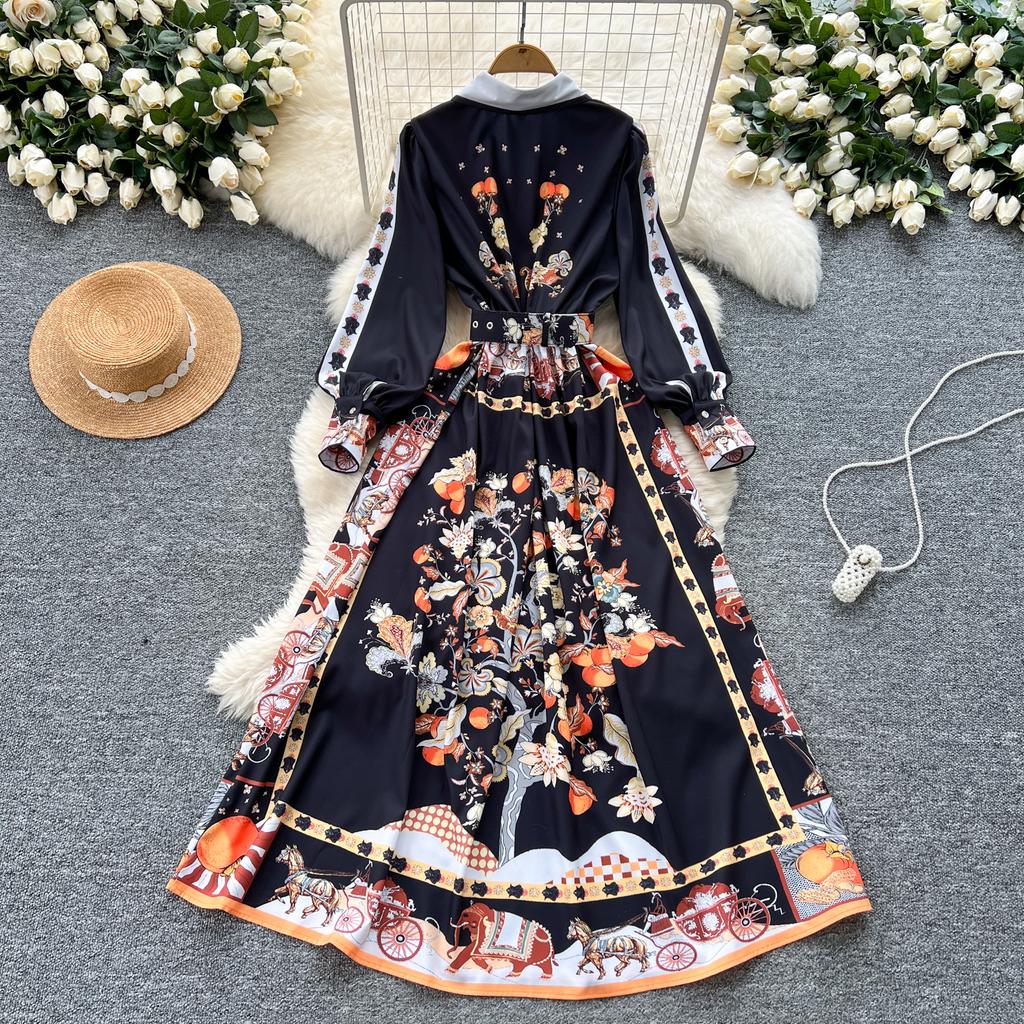 Весна-лето Женские дизайнерские винтажные принты Подиумные платья с отложным воротником Длинное макси-платье-рубашка с поясом