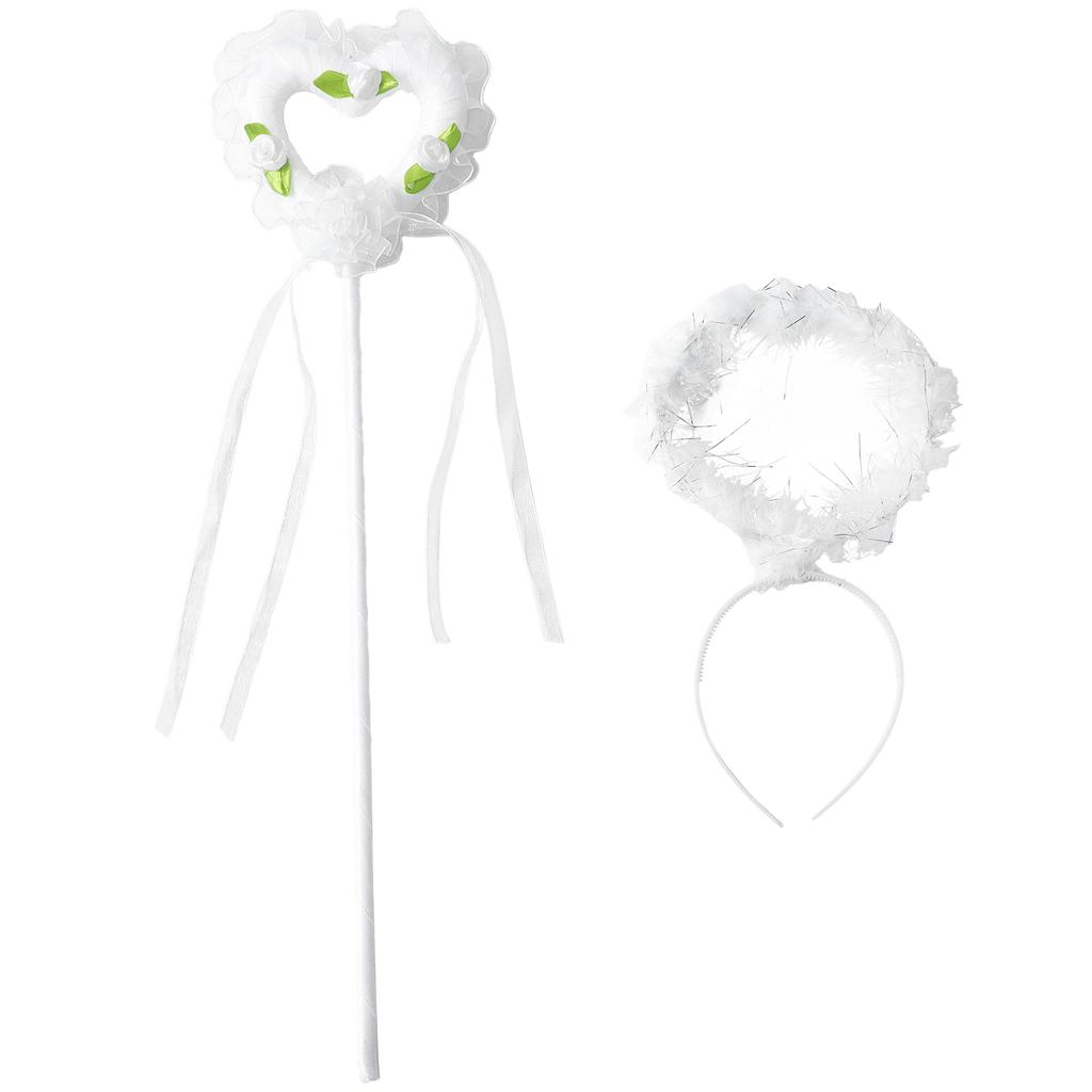 Girls Halloween Party Costume 4Pcs Angel Set with Dress Wings Headband & Wand Cosplay Performance Outfit