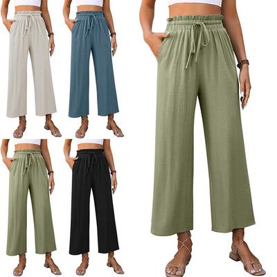 Европейско-американская женская мода: Повседневные брюки широкого кроя с высокой посадкой из хлопка и льна свободного кроя однотонной расцветки, весна/лето 2025.