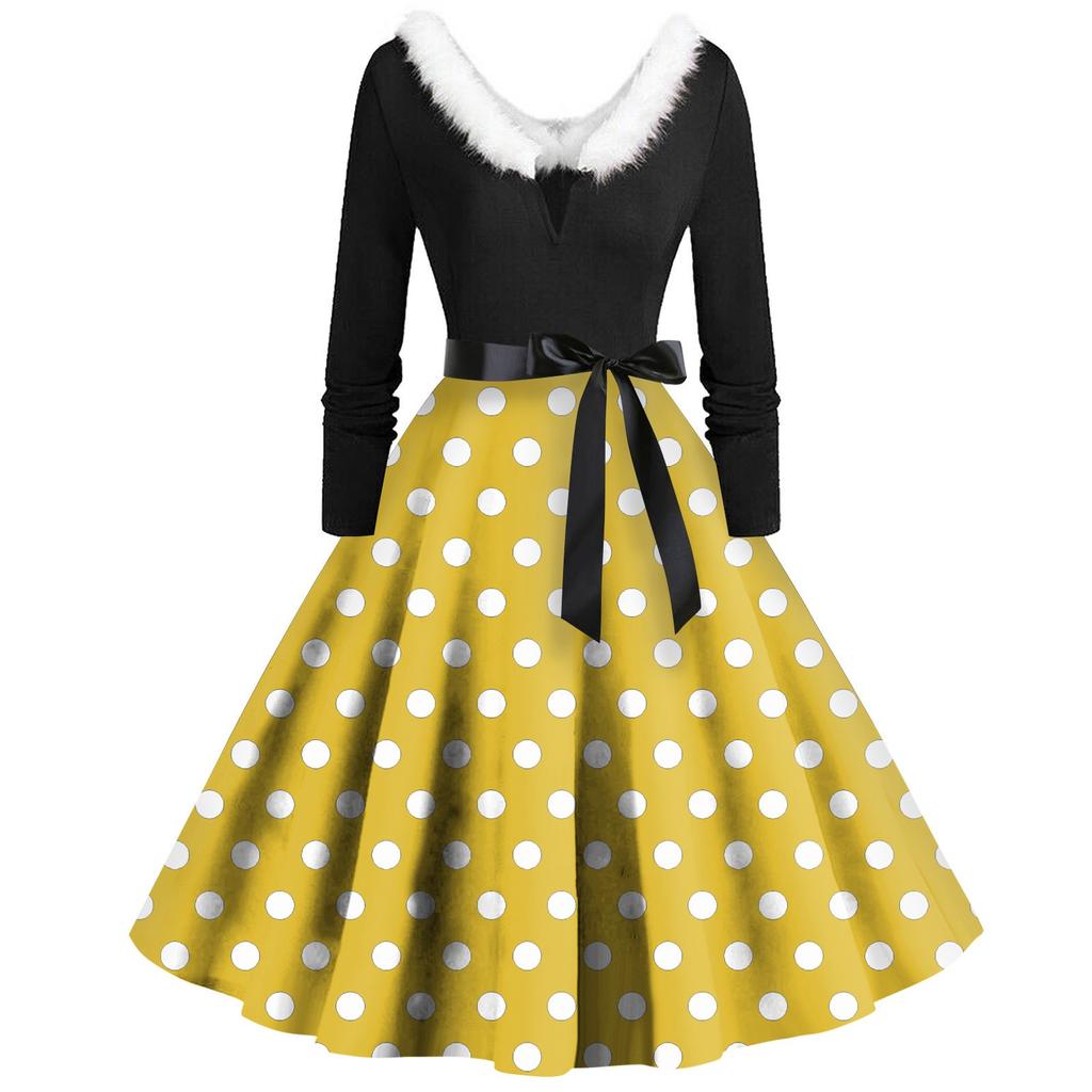 Women's Casual And Fashionable Long Sleeved V-neck Polka Dot Print Matching Zipper Dress