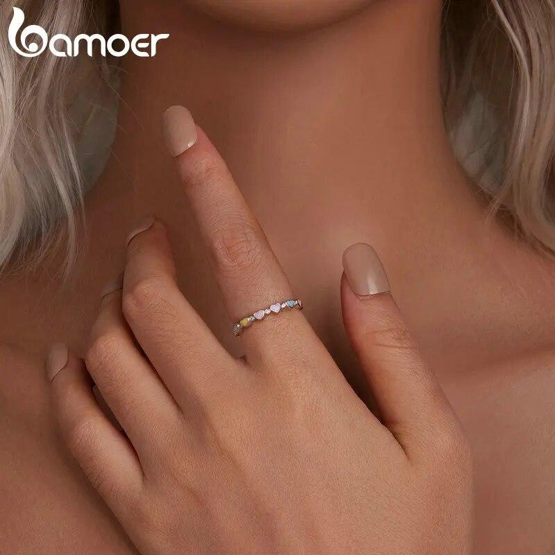 BAMOER Стерлингового Серебра 925 пробы Радужное Сердце Кольцо на Палец Штабелируемое Цирконовое Кольцо для Женщин Модные Модные Ювелирные Изделия Подарок