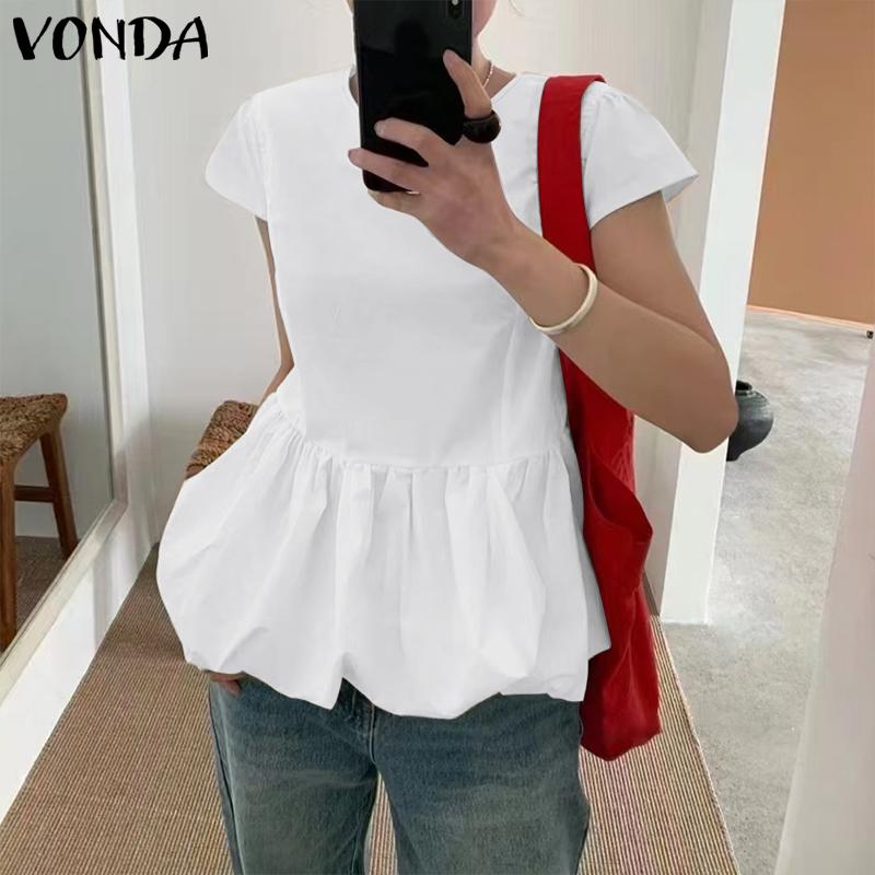 VONDA Летняя женская однотонная повседневная блузка с круглым вырезом и коротким рукавом с оборками