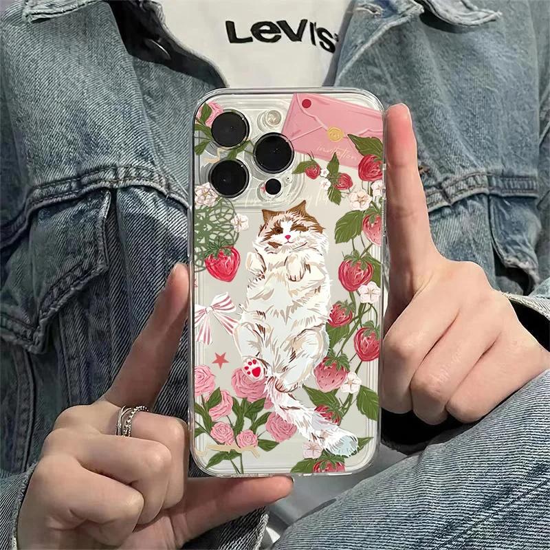 Милый Чехол-Клубничная Роза для Кошки Рэгдолл для iPhone 17 Air 16 15 14 Plus 13 12 Mini 11 Pro Max Жидкий Силикон Мягкий Чехол funda