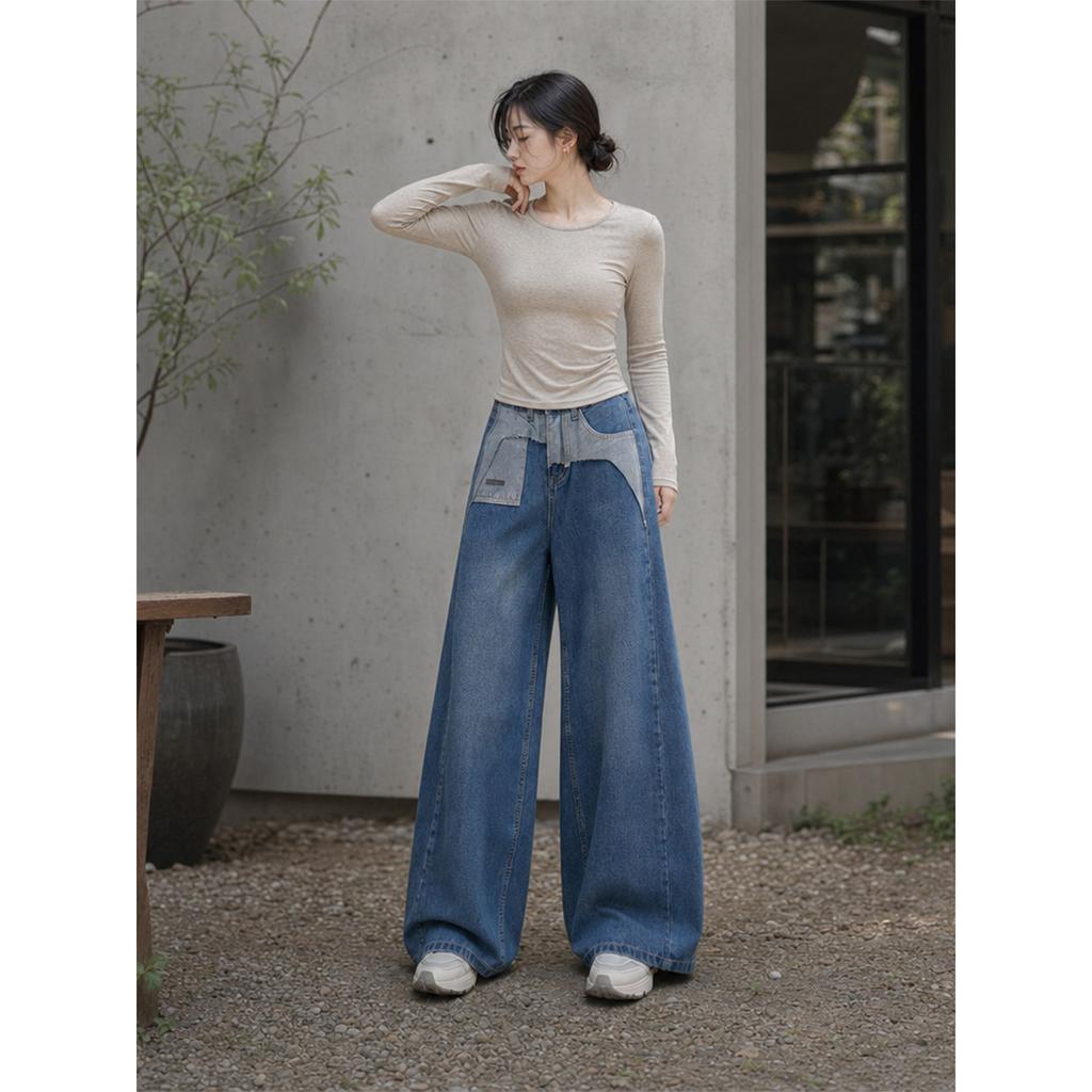 Retro splicing high waist wide leg jeans women's new thin and high loose straight mopping trousers tide