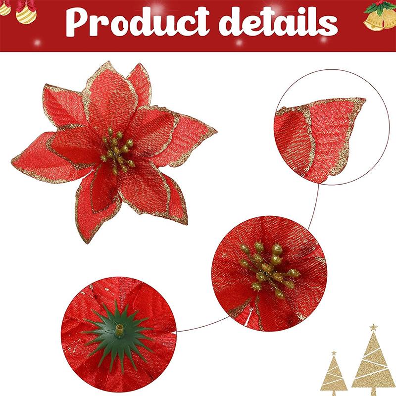 5/10 шт. Блестящее рождественское украшение 13 см Искусственные цветы Украшение для рождественской елки для домашнего декора Навидад Новый год 2026 Аксессуары