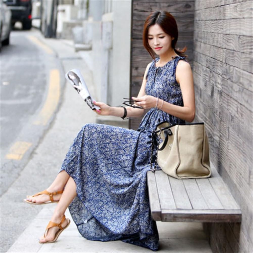 Топ-майка без рукавов с круглым вырезом, длинная цветочная юбка [SDSXZWG] Женская юбка, Хлопок, Принт, А-силуэт, Свободный, Элегантный, Для отпуска, Пляжный, Весна/Лето