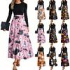 Women's Fashion Casual Belted Long Sleeve Round Neck Halloween Printed Elegant Temperament Dresses