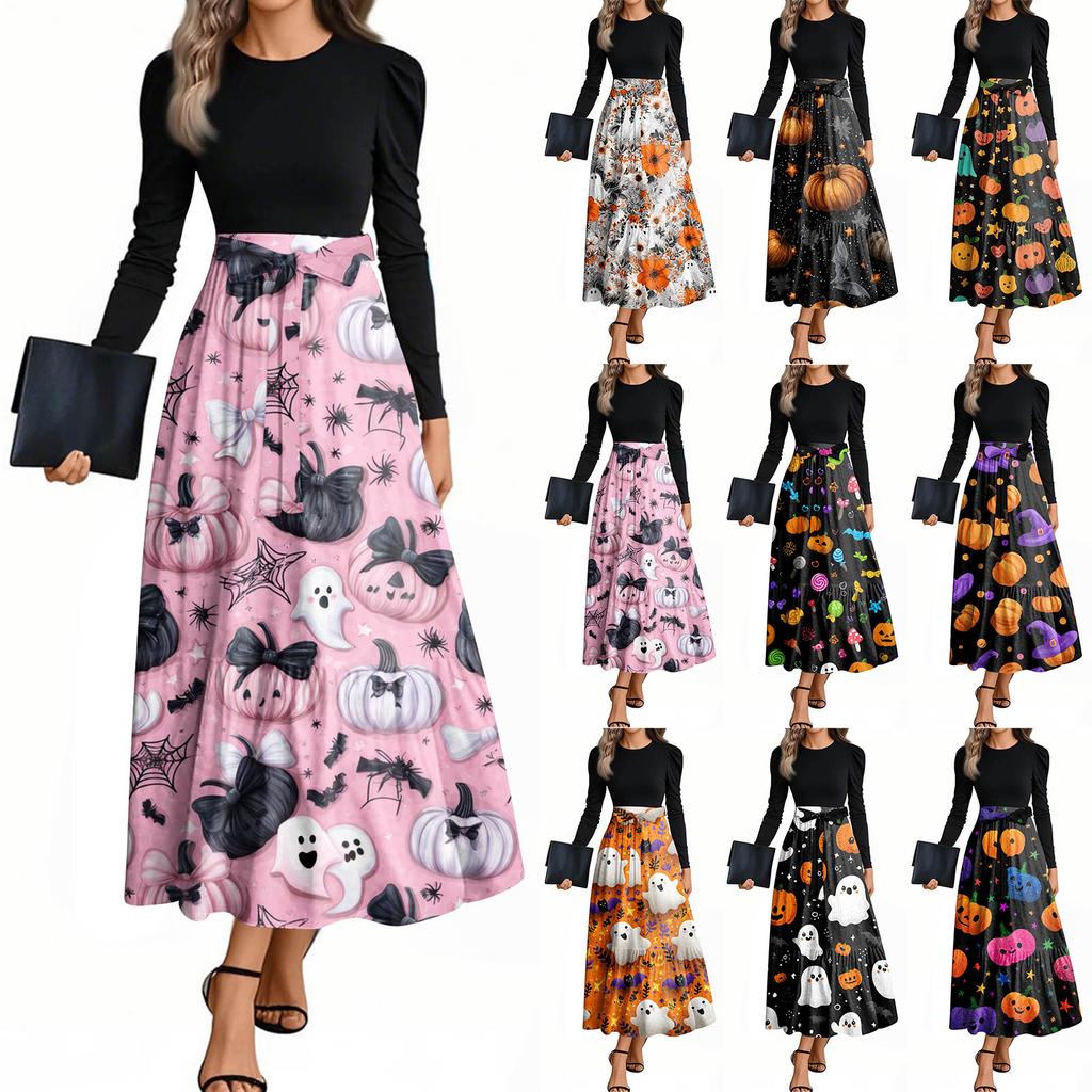 Women's Fashion Casual Belted Long Sleeve Round Neck Halloween Printed Elegant Temperament Dresses