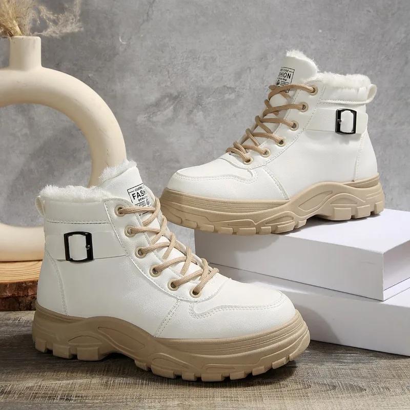 Модные женские кроссовки Зимние теплые на плюшевой подкладке Повседневные высокие женские туфли на платформе Кроссовки на шнуровке Zapatos De Mujer