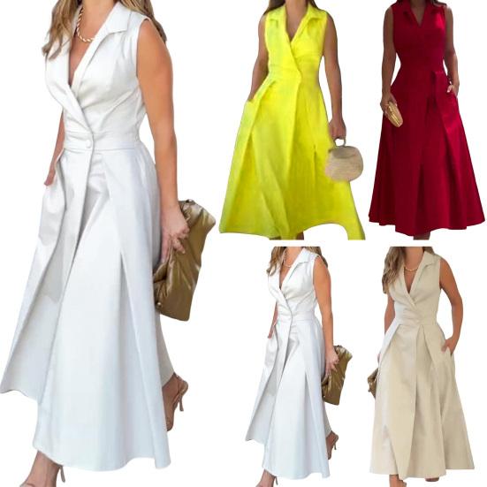Летнее женское платье трапециевидной формы с глубоким V-образным вырезом и лацканами без рукавов, с большим подолом, плиссированными боковыми карманами, чистый цвет, официальное платье миди для делового офиса