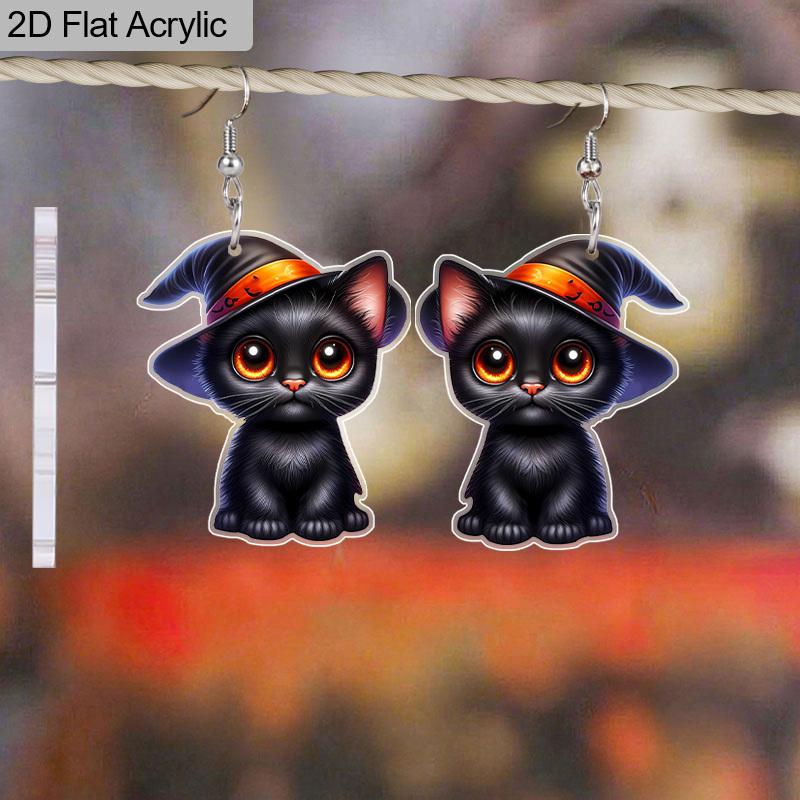 2D Flat Halloween Earrings for Women, Cute Black Cat Earrings for Halloween Party, Halloween Theme Jewelry for Women