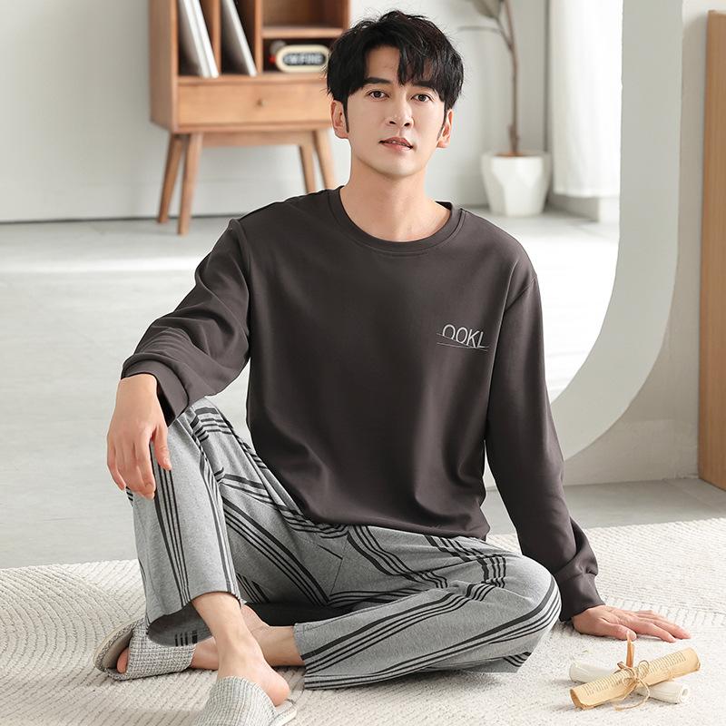 Pajamas Men'S Spring And Autumn Cotton Long Sleeve Autumn Crew Neck Pullover Sports And Leisure Cotton Homewear Suit