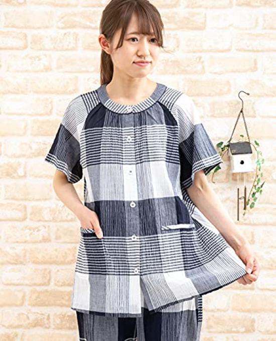 Eye Summer Short Front and Willow Check Sizes K's Women's Pajamas, Sleeves, Opening, 3/4 Pants, Skin-Friendly Cool, 100% Cotton, Pattern, Nightwear,