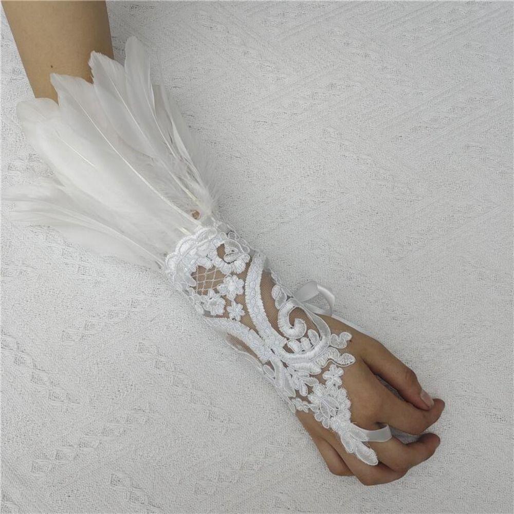 1PC Embroidery Feather Long Gloves White Black Female Mittens Wedding Gloves Party Wear