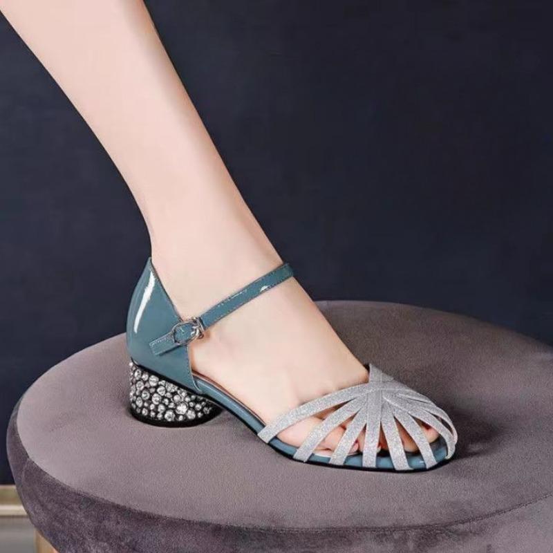 Модные женские туфли на среднем каблуке со стразами, полуромбовидные сандалии в римском стиле для женщин, закрытое предложение высокого качества премиум-класса