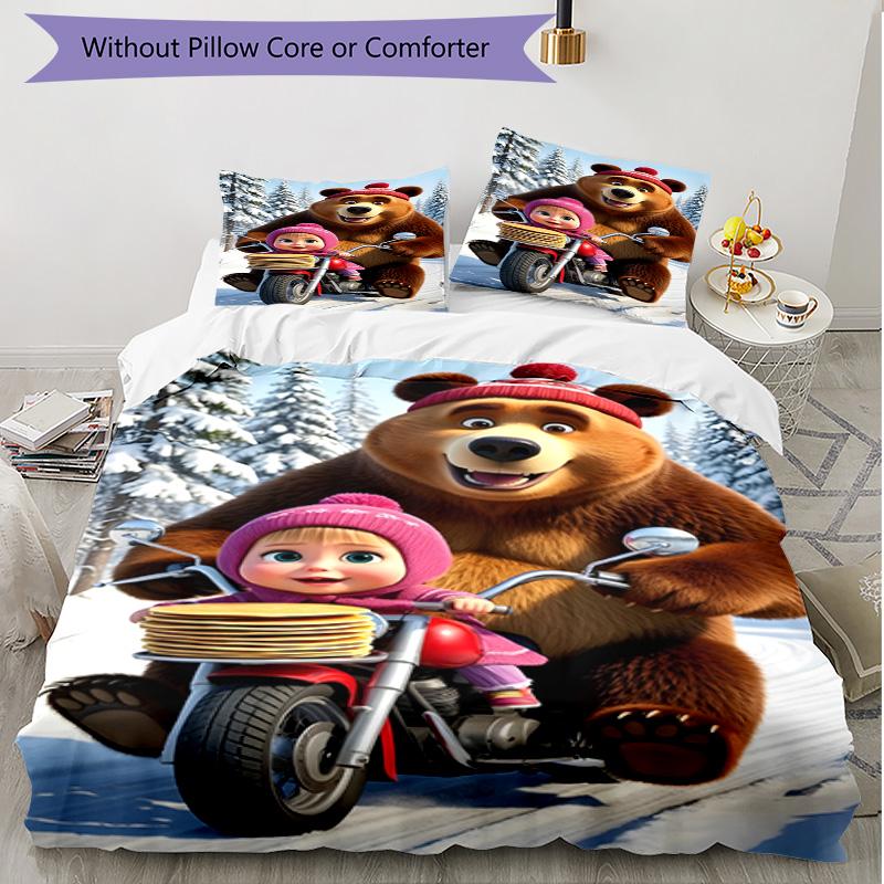 3pcs Duvet Cover Set (1*Duvet Cover + 2*Pillowcase, Without Core), Masha and The Bear Print Soft All‑Season Bedding Set, Home Bedroom Decor Gift