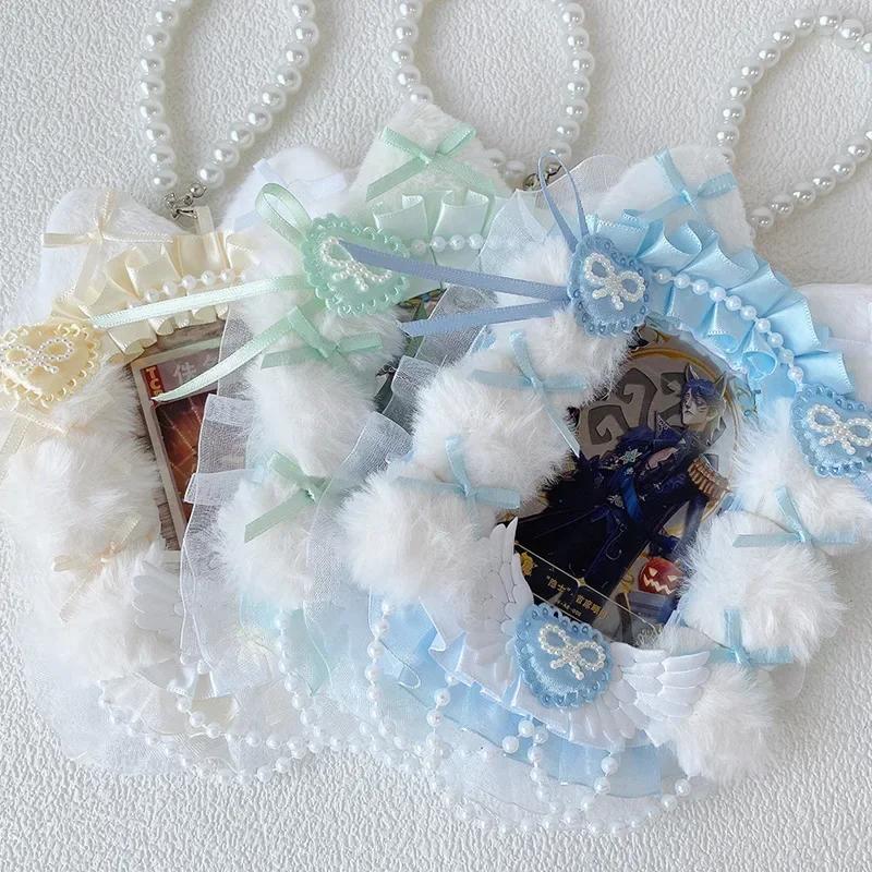 Корейский кружевной бант для фотокарточки, пушистый кавайный бант, чехол для фотокарточки с набором шнурков, милый детский подарок для студента
