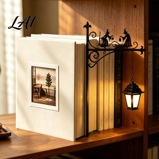 Matte Black Iron Book Holder Decorative Bookshelf Light Vintage Library Lantern Reading Lights for Bookworms LED Table Lamp with Bookends