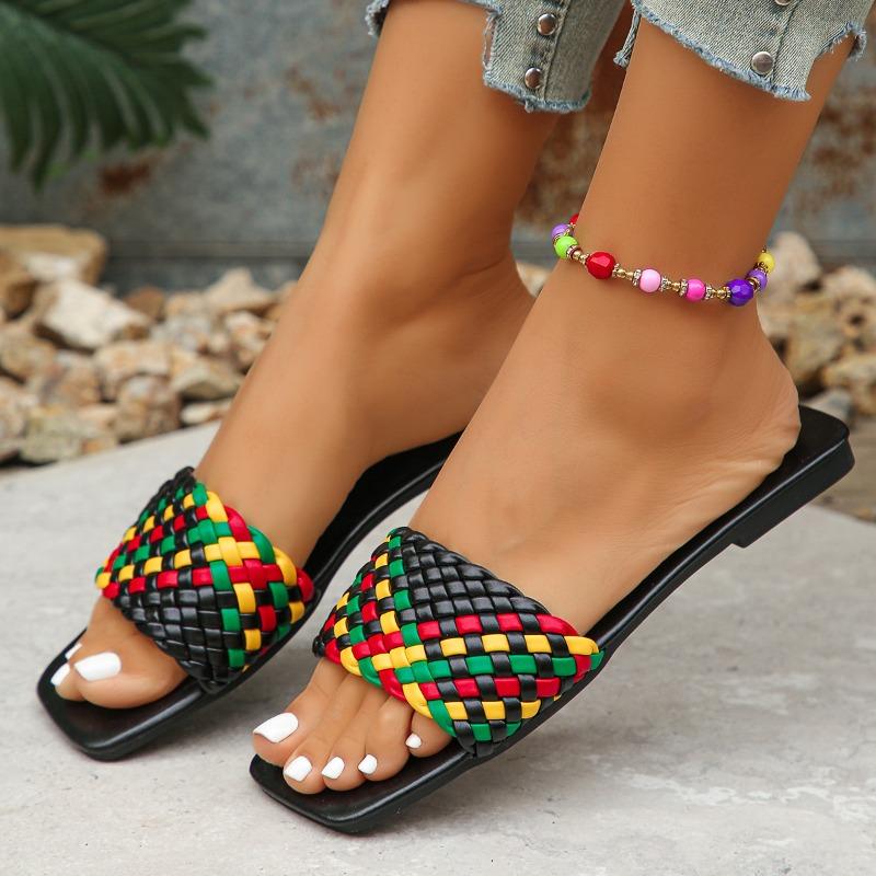 Мода 2025Женские тапочки Дизайнерские тапочки с квадратным носком Летние шлепанцы с открытым носком Пляжные шлепанцы Модные плетеные вручную тапочки для женщин Слайды