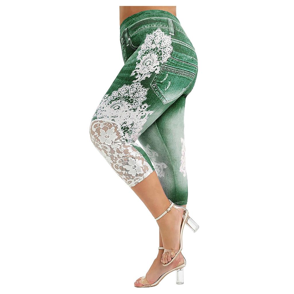 Fashion Women Plus Size Lace Printing Splice Elastic Waist Casual Leggings Pants
