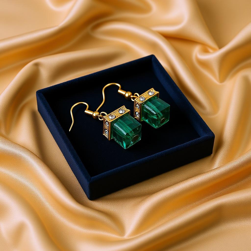 Зеленые Кристаллические Серьги-Гвоздики с Подвесками в Форме Кубиков Перидота