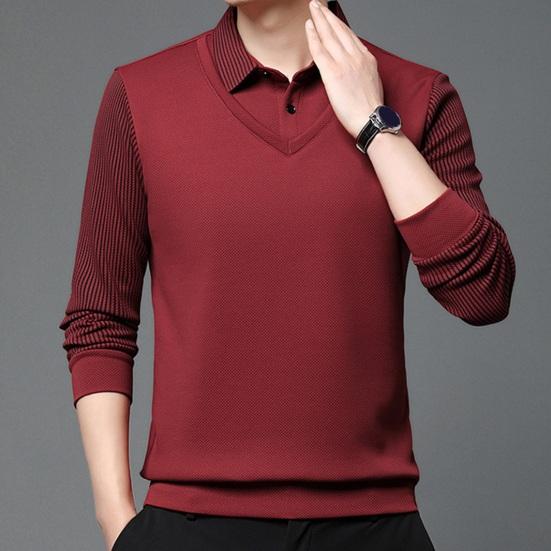 Мужская рубашка осень-весна с отложным воротником, имитация двухсекционного свитера в стиле пэчворк, большой размер, полосатая пуговица, формальный деловой стиль, мужской офисный топ