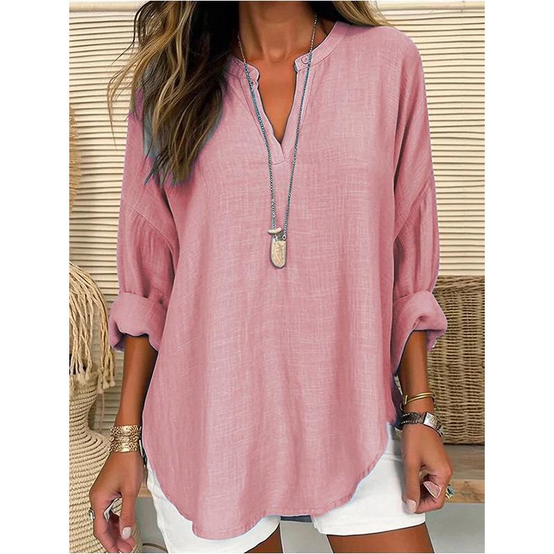 2023 Women's Autumn/Winter V-Neck Cotton Linen Plus Size Shirt - European & American Style