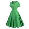 Retro Women Dress Turn-down Collar Shortn Sleeves A-line Big Swing Buttons Slim Fit Solid Color 50s Ball Prom Midi Dress
