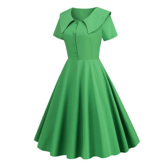 Retro Women Dress Turn-down Collar Shortn Sleeves A-line Big Swing Buttons Slim Fit Solid Color 50s Ball Prom Midi Dress