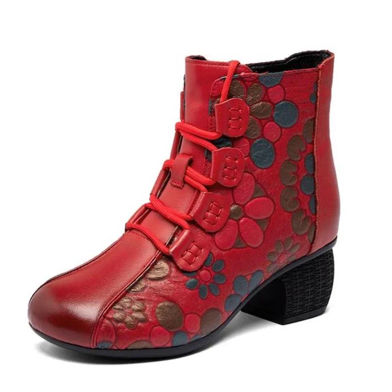 Мода 2024 года, новые осенние и зимние теплые туфли из натуральной кожи, женские ботинки с круглым носком, принтом, молнией в стиле ретро, ботинки для отдыха на платформе