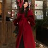 Elegant Faux Fur Sleeve Woolen Jacket With Belt Women Winter Lace Up Long Coats Fashion Office Lady Outerwear High Street
