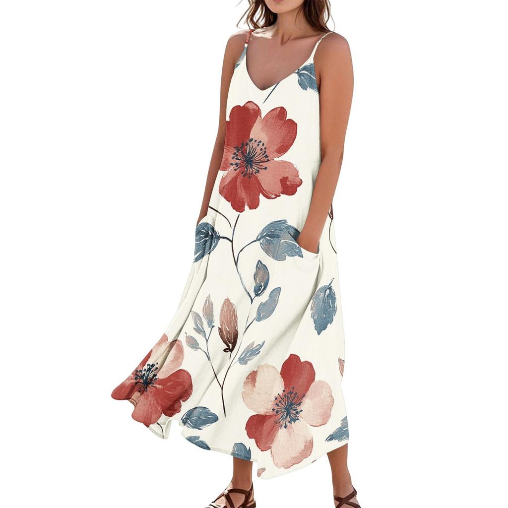 Women's Casual Tie-Dye Floral Print Sleeveless Pocket Dress