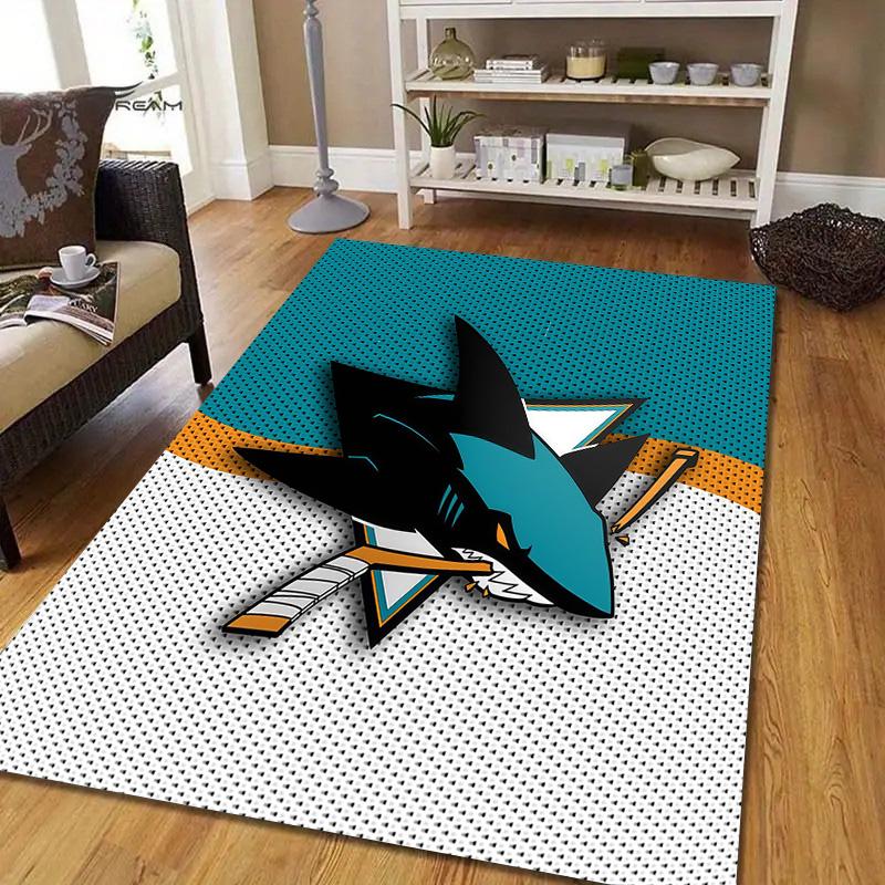 San Jose Sharks Flannel Pattern Square Carpet,Area Rug,Carpet Rug for Living Room Bedroom Sofa Playroom Decor,Non-slip Floor Mat