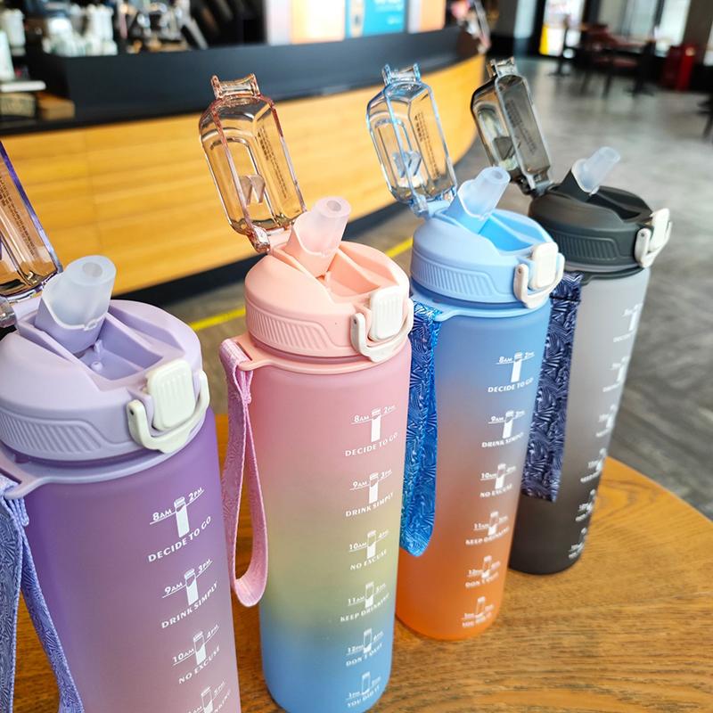 Gradient Frosted Time Marker Water Bottle, 1000ml Large Capacity Portable Sports Drinking Bottle with Flip Lid