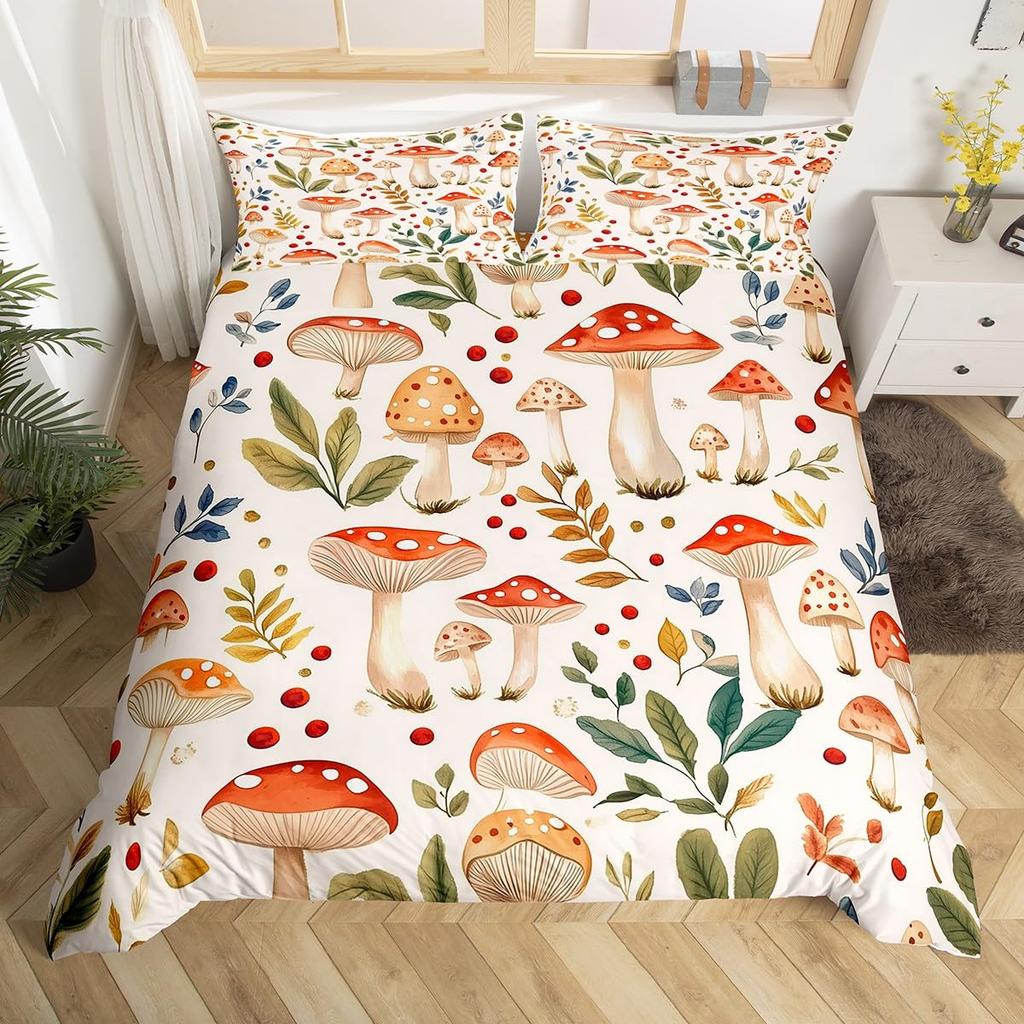 Mushroom Duvet Cover Watercolor Fungus Bedding Set Wild Botanical Comforter Cover Set Retro Leaf Pattern Polyester Quilt Cover