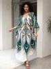 Vintage Peacock Feather Printing Loose Kaftan Swimsuit Coverup For Women Summer Casual House Dress Beachwear Cover-ups Q1628 EMA
