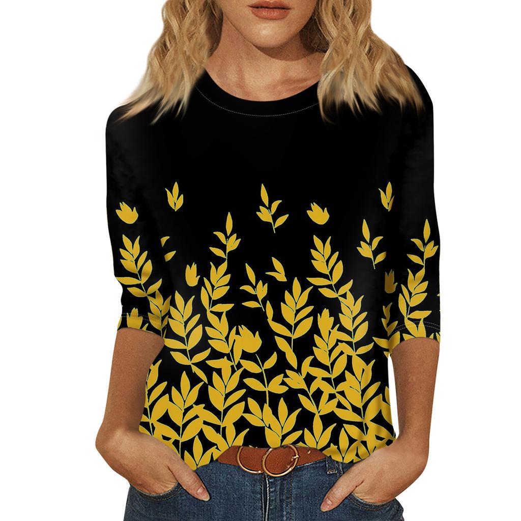 Women's Summer Fashion Casual Seven Quarter Sleeves Floral Printed Round Collar High Quality Pullover Top Female Clothes